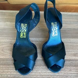 Ferragamo peep toe satin sling back heels